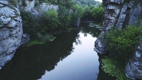 Mountain creek running between high steep rocks in the Carpathians in summer Stock Footage 99737282