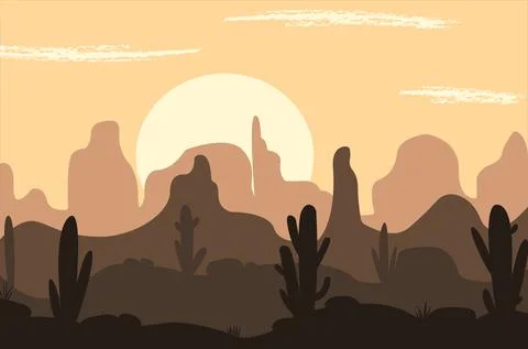 Mountain desert sunset and cactus landscape illustration. Vector stock illustrat Stock Illustration