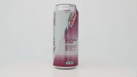 Mountain Dew KickStart Raspberry Citrus Flavor on an isolated white background Stock Footage 109547670