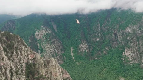 Mountain eagle amid steep cliffs in mountainous terrain during cloudy weather Stock Footage 289628156