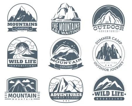 Mountain emblems. Hiking labels with snow mountains peak landscape. Camp and Stock Illustration