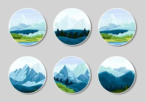 Mountain emblems set. Natural panorama and beautiful landscape with cliffs and Ilustração Stock