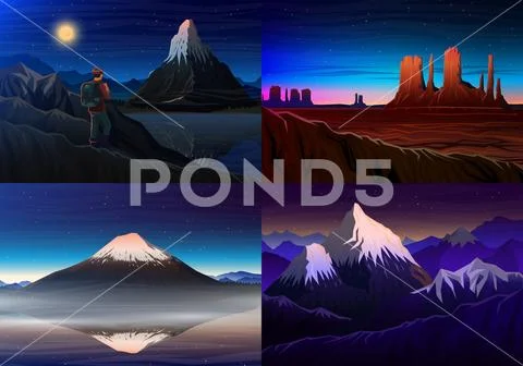 Mountain everest, matterhorn, Fuji with tourist, Monument Valley, night Stock Illustration