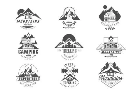 Mountain, expedition logo set, camping, trekking retro badges in monochrome Stock Illustration