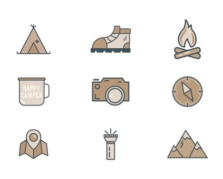 Mountain explorer camp icons in flat style. Travel, hiking, climbing pictograms Stock Illustration