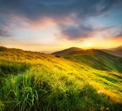 Mountain field during sunset Stock Photos