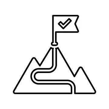 Mountain with flag icon. Outline vector. Stock Illustration