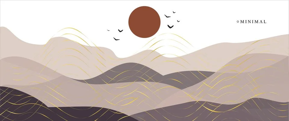 Mountain flat vector background. Minimal landscape art with golden lines. A.. イラスト素材