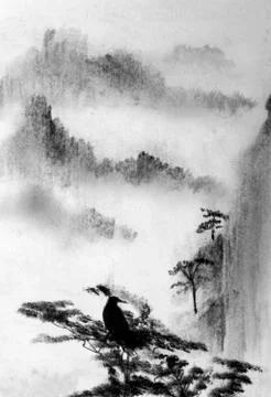 Mountain fog and pine Stock Illustration