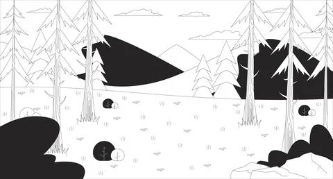 Mountain forest clearing with pine trees and hills line illustration backdrop Stock Illustration