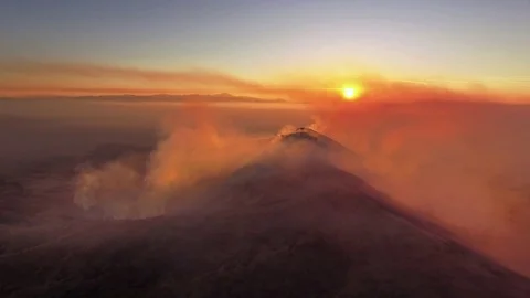 Mountain forest fire red smoke wide scenery burning sunset skyline sun sky Stock Footage 74100527