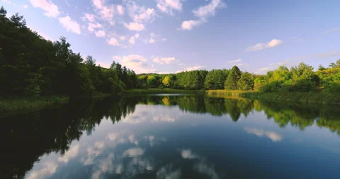 Mountain forest of green trees and calm lake 4k video footage Stock Footage 139766435