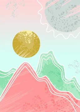 Mountain, forest, hill, wave, sun and moon. Mid century modern minimalist art Stock-Illustration