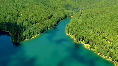 Mountain forest lake. Clouds over turquoise mountain lake and green forest Stock Footage 150590235
