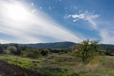 Mountain forest landscape under evening sky with clouds in sunlight Stock Photos