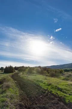 Mountain forest landscape under evening sky with clouds in sunlight with road Fotos de archivo