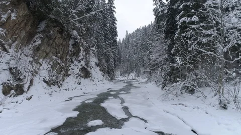 Mountain forest river in the winter in the Carpathians. Ukraine. Phantom 4 Pro 스톡 동영상 96499709