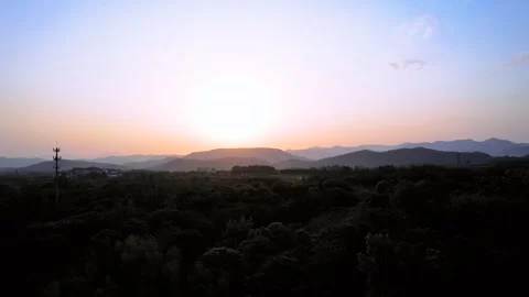 Mountain Forest Sunrise over Rugged Ridges 4K Aerial Stock Footage 320809233