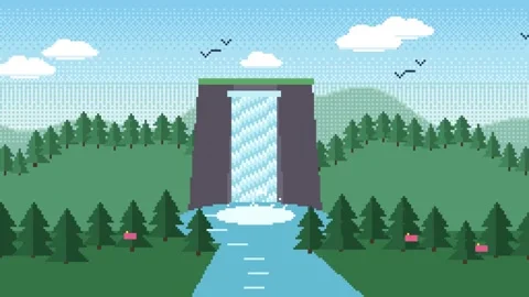 Mountain forest waterfall into a river pool with flying birds and drifting Vídeos de archivo 348648592