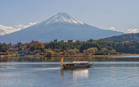 Mountain Fuji and boat. Stock Photos