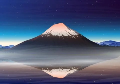 Mountain Fuji, night panoramic view with reflection on the lake kawaguchiko Stock Illustration