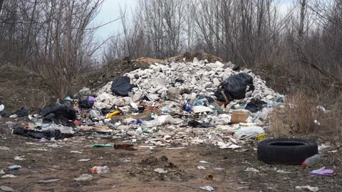 A mountain of garbage on the street in the forest Stock Footage 152409591