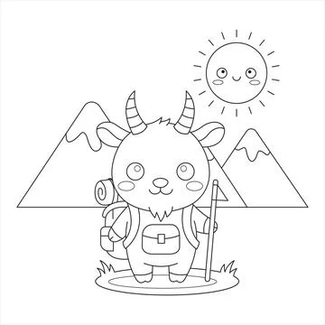 Mountain Goat Hiking With Backpack And Walking Stick Outline Coloring Page .. Illustrazione stock