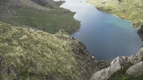 Mountain goats on a steep cliff overlooking a lake in Snowdonia Vidéo 141661044