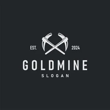Mountain gold mining logo design with simple vintage pickaxe tool concept i.. Stock Illustration
