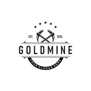 Mountain gold mining logo design with simple vintage pickaxe tool concept i.. Stock Illustration