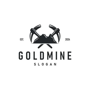 Mountain gold mining logo design with simple vintage pickaxe tool concept i.. Stock Illustration