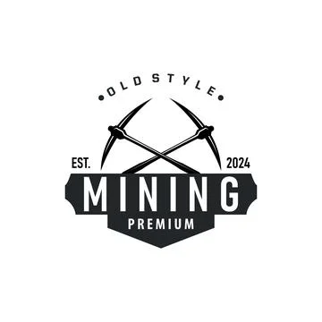 Mountain gold mining logo design with simple vintage pickaxe tool concept i.. Stock Illustration