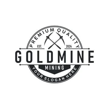 Mountain gold mining logo design with simple vintage pickaxe tool concept i.. Stock Illustration