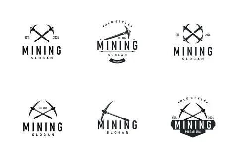 Mountain gold mining logo design set bundle with simple vintage pickaxe too.. 스톡 일러스트