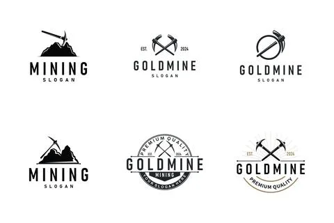 Mountain gold mining logo design set bundle with simple vintage pickaxe too.. Stock Illustration