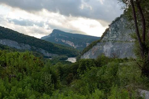 Mountain Gorge with river below Stock Photos