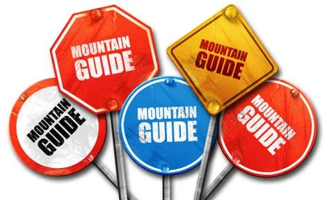 Mountain guide, 3D rendering, rough street sign collection Stock Illustration