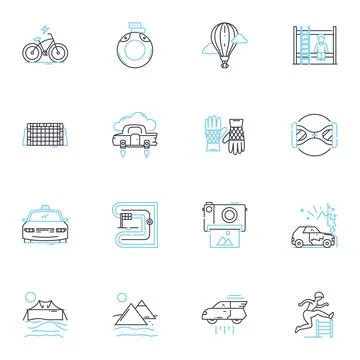 Mountain hike linear icons set. Summit, Trail, Climb, Trek, Scenic, Wilderness Illustrazione stock