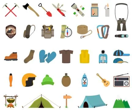 Mountain hiking and climbing vector icon set Stock Illustration