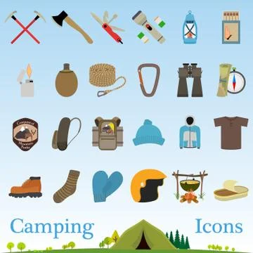 Mountain hiking and climbing vector icon set Stock Illustration