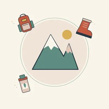 Mountain hiking essentials with boots and a backpack. Decorative flat vector  Illustrazione stock