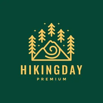 Mountain hiking peak forest trees minimalist style line simple logo design .. Stock Illustration