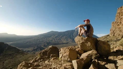 Mountain Hiking. Tired Man Drinking Mineral Water Stock Footage