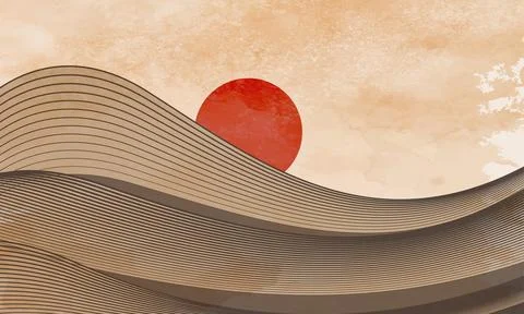 Mountain hill and texture background, Japanese landscape, line art, wavy Stock Illustration