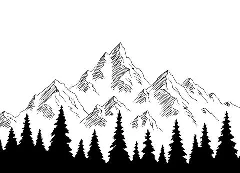 Mountain hill forest graphic black white landscape sketch illustration vector Stock Illustration