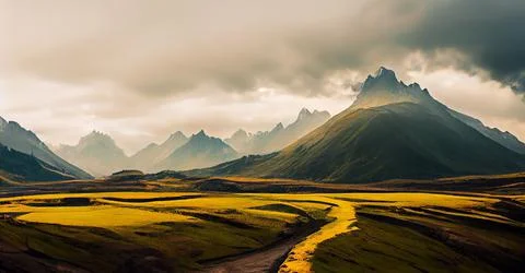Mountain hill path panoramic landscape. Fantastic hills under morning blue sky. Stock Illustration