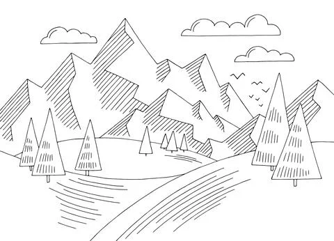Mountain hill simple graphic black white landscape sketch illustration vector Stock Illustration