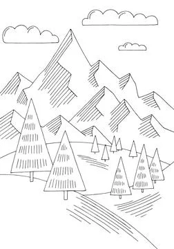 Mountain hill simplicity graphic black white vertical landscape sketch vector Stock Illustration