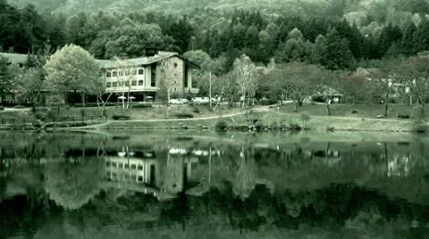 Mountain hotel on the lake side. Stock Footage 10679926