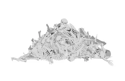 Mountain of human bones. Aftermath of gruesome mass murder ancient burial of Stock Illustration